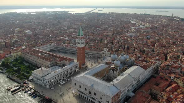 Drone flying over Piazza San Marco (St Mark Square) in Venice, Italy, Europe