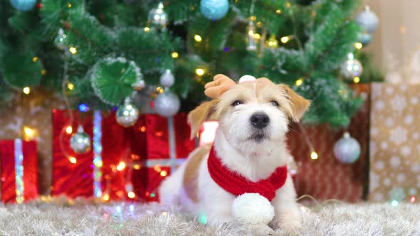 A dog in a red scarf and with antlers lies under the Christmas tree with gifts