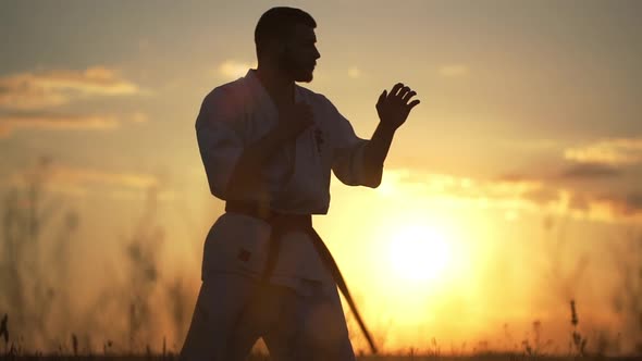 Silhouette of Man Training Karate at Sunset
