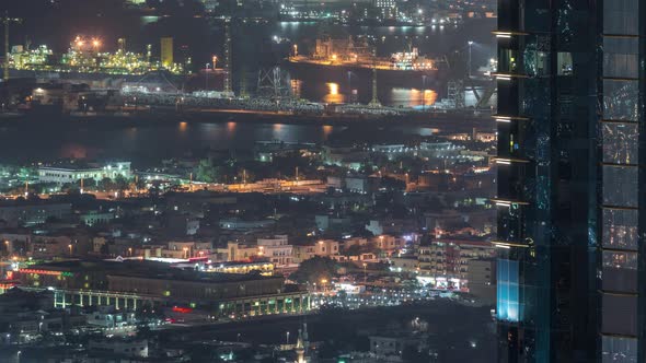 Aerial View From Downtown of Dubai to Port Night Timelapse