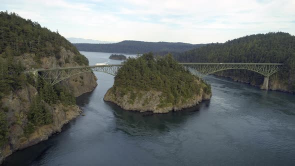 Helicopter Film Revealing Washington State Landmark Bridge Over Puget Sound At Deception Pass