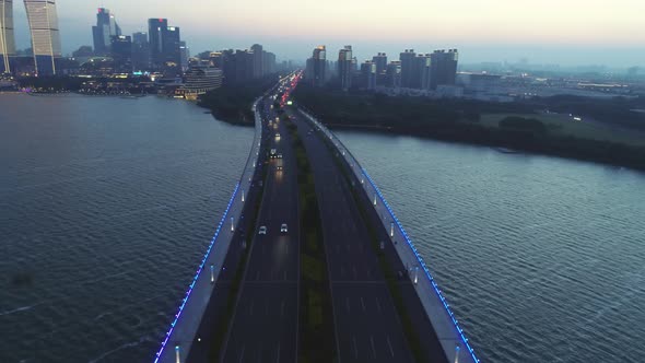 Aerial Orbital View on the Road Bridge in the Modern City