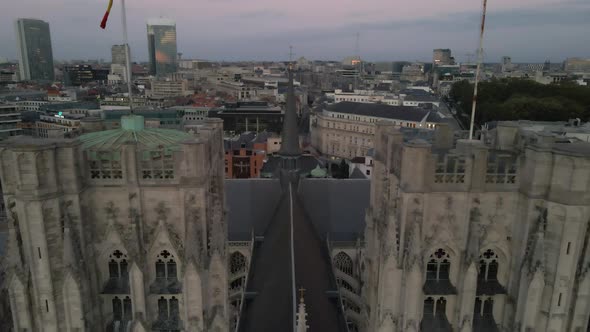 Flying through the towers of Brussels Cathedral