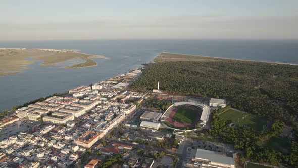 Aerial View Of Sports Complex Vila Real de Santo António With The Guadiana River In Background. Circ