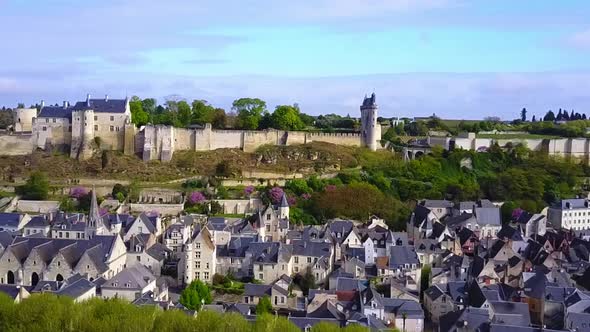 Panning aerial clip shot of the one thousand year old medieval Fortress Chinon