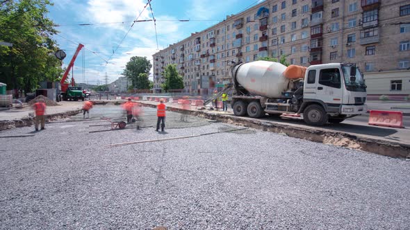 Road Construction Site with Tram Tracks Repair and Maintenance Timelapse