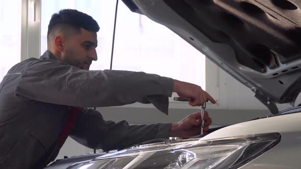 Professional Mechanic Repairing a Car in Car Repair Shop. Car Service, Repair and Maintenance