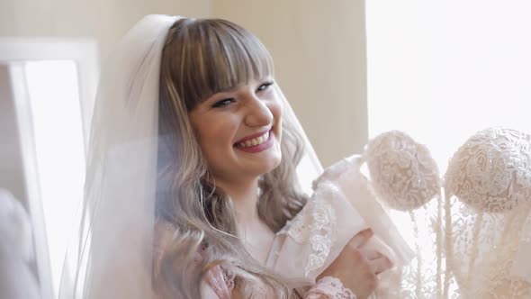 Beautiful and Lovely Bride in Night Gown and Veil, Wedding Dress, Slow Motion