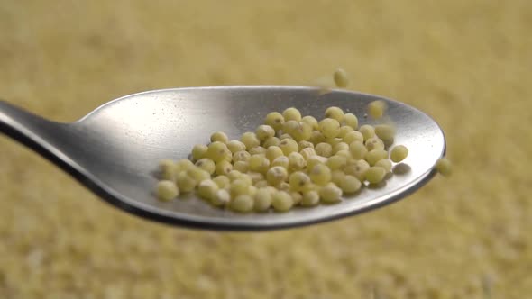 Uncooked yellow millet grains fall into a spoon in slow motion over a rotating pile of seeds in blur