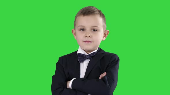 Handsome Child Looking at Camera and Crossing Hands on a Green Screen, Chroma Key.