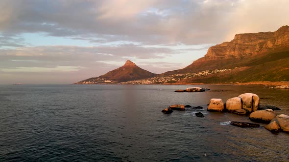 Aerial view of Lion's Head mountain at sunset, Cape Town, South Africa