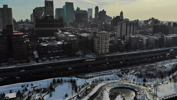 New York City Aerial Panoramic View with Urban Skyline Residential Buildings in Brooklyn Area