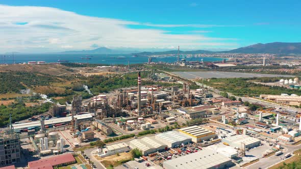 Aerial View. Oil Refinery, Chemical Factory and Power Plant with Many Storage Tanks and Pipelines