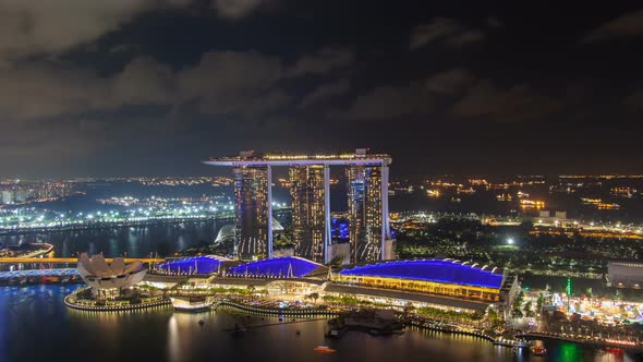 Aerial Singapore's Skyline at Night, Overview of Marina Bay and Garden Timelapse