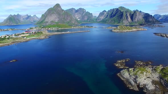 Flyover near Reine on Lofoten islands, Norway