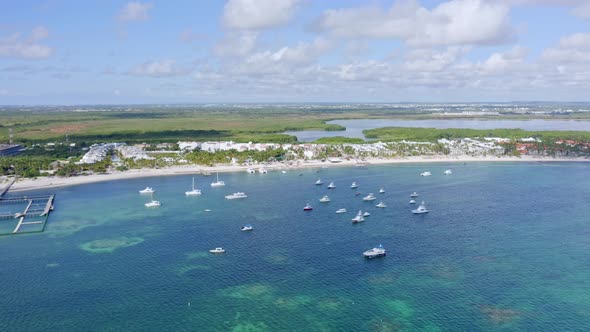 Vessels anchored off the beach at Laguna Bavaro, Punta Cana; aerial