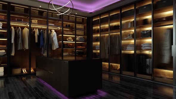 Luxurious Dressing Room Interior With Walk-In Closet And Pink Neon Lighting