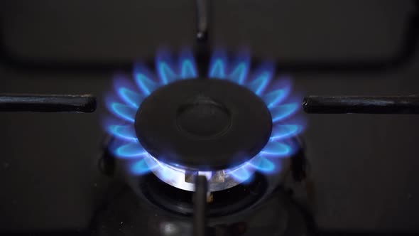 Gas Stove. Gas Stove Burner Comes On. Blue Flame.