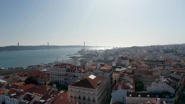 Panoramic Aerial View of Town with Long Cablestayed Bridge Spanning Tagus River