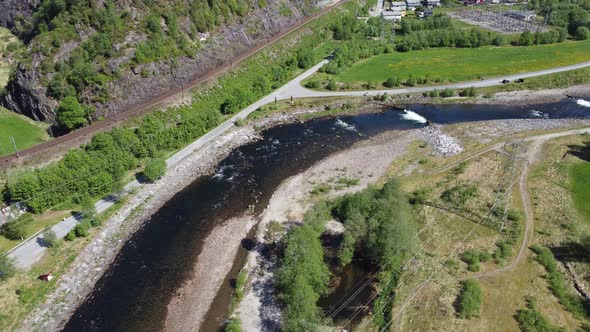 Aerial view of famous salmon river at Dalekvam - flowing beside railway between Bergen Voss and Oslo