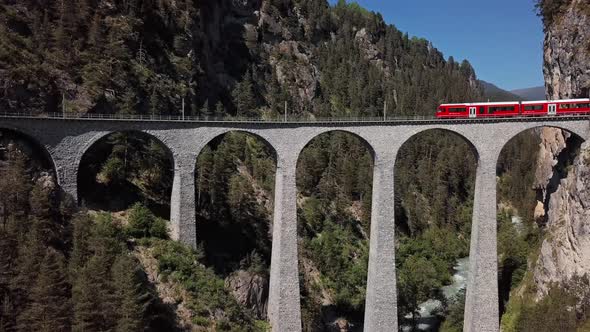 Aerial View of Train on Landwasser Viaduct Switzerland