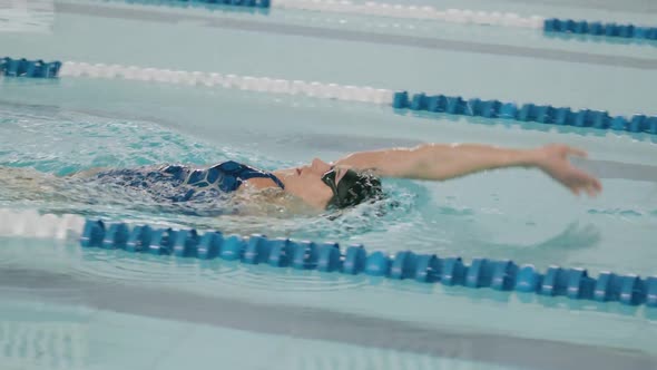 Young Professional Female Floating on His Back Swimmer Swims in the Pool Woman Swimming and Training