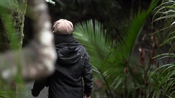 Anonymous woman exploring green jungle