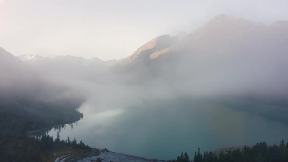 Aerial View Mountain Altai Lake with Clouds