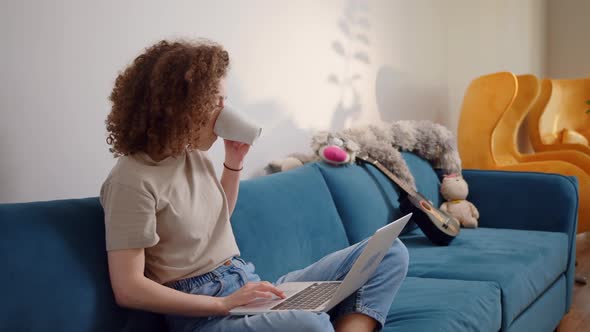 Smiling Young Woman Sitting on Couch Using Laptop Notebook Looking at Screen Typing Message Happy