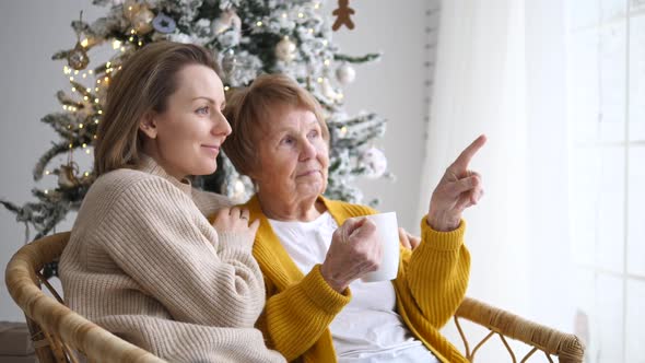 Granddaughter With Grandmother Celebrating Christmas At Home.