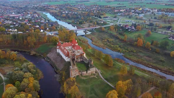 Bauska Medieval Castle Ruins Complex and Park From Above Aerial Shot 4K Video