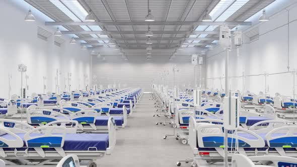 Empty Hospital Beds in a Warehouse