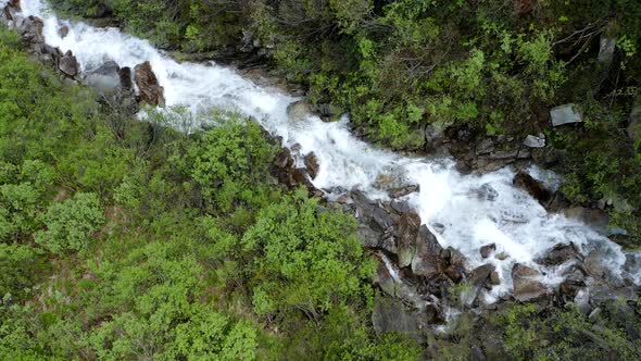 Aerial View of Mountain Landscape with Spring Waterfall Near Olpererhutte Zillertal Tirol Austria