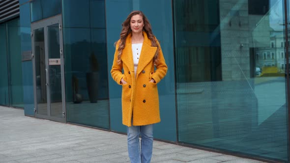 Business Woman Dressed Yellow Coat Standing Outdoors Corporative Building Background Ready Handshake