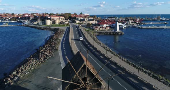 4K aerial footage of Nessebar, ancient city on the Black Sea coast of Bulgaria. 