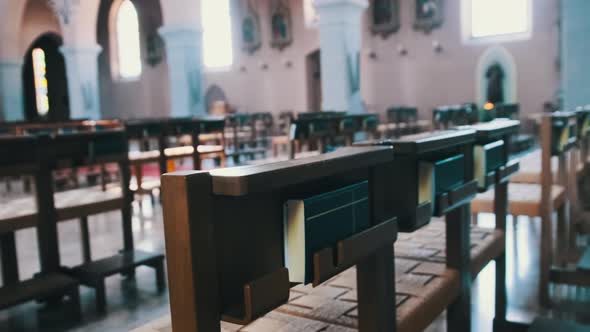 Wooden Pews Inside Catholic Cathedral Benches for Prayers Church Interior