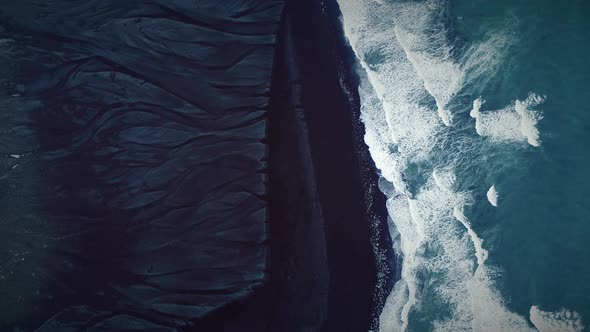 Aerial view of black sand on Diamond Beach in Iceland.