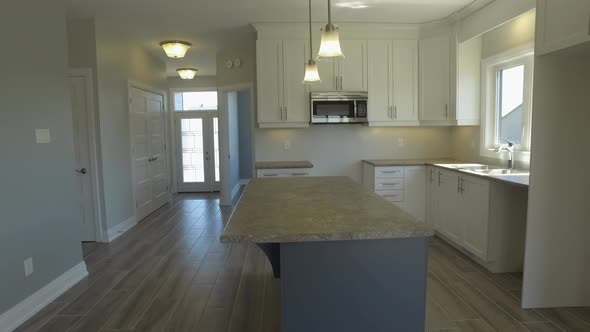 model home clean kitchen backing out view 4k