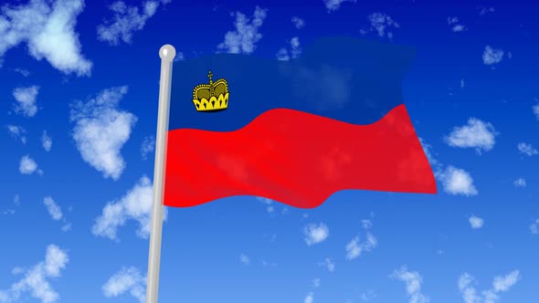 Liechtenstein National Flag Flying Wave In The Sky With Clouds