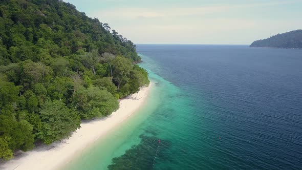 Aerial view of amazing water at sandy beach with vegetation in Thailand - camera tracking