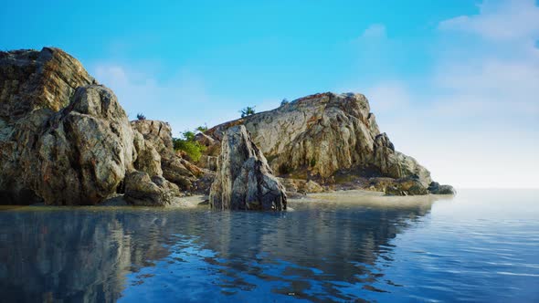 Summer View of Sea Caves and Rock Cliffs