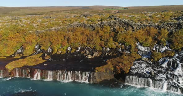 Hraunfossar and Hvita River in Autumn Iceland Aerial View