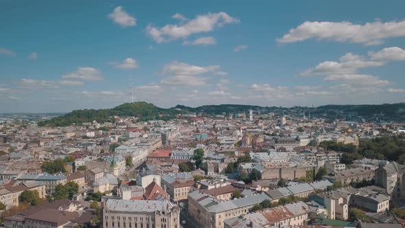 Aerial City Lviv, Ukraine. European City. Central Part of Old European City