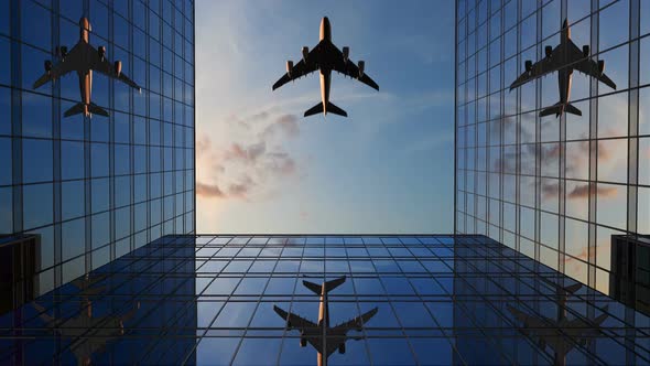 Airplane Flies Over Office Buildings 