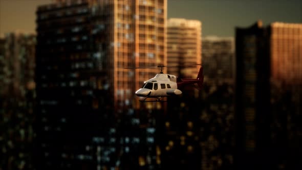 Slow Motion Helicopter Near Skyscrapers at Night