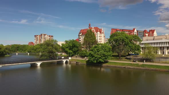 Aerial view of the buildings on embankment of Lower Lake