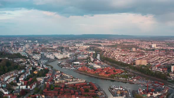 Drone shot over spike island bristol docks at sunset UK