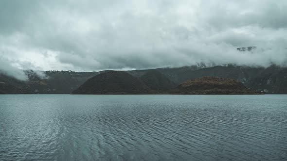 Timelapse of Laguna Cuicocha, near Otavalo Ecuador, during foggy morning