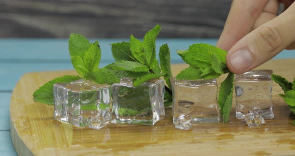 Ice Cubes and Mint Leaves Isolated on Wooden Cutting Board