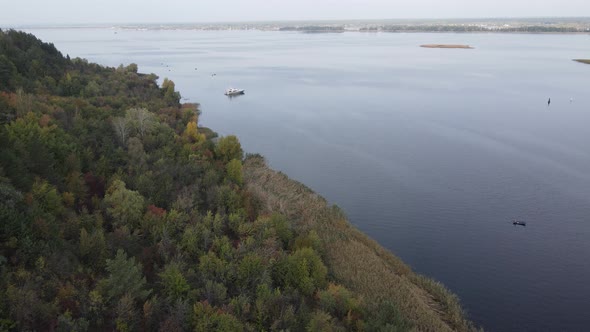 Beautiful Aerial View of the River Dnipro. Ukraine, Slow Motion